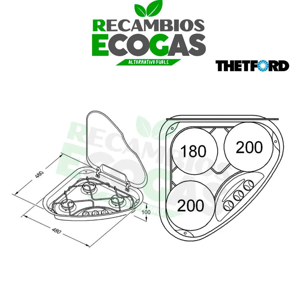 Thetford Placa de cocción izquierda Serie 330 12V 1 Thetford Placa de cocción izquierda Serie 330 12V