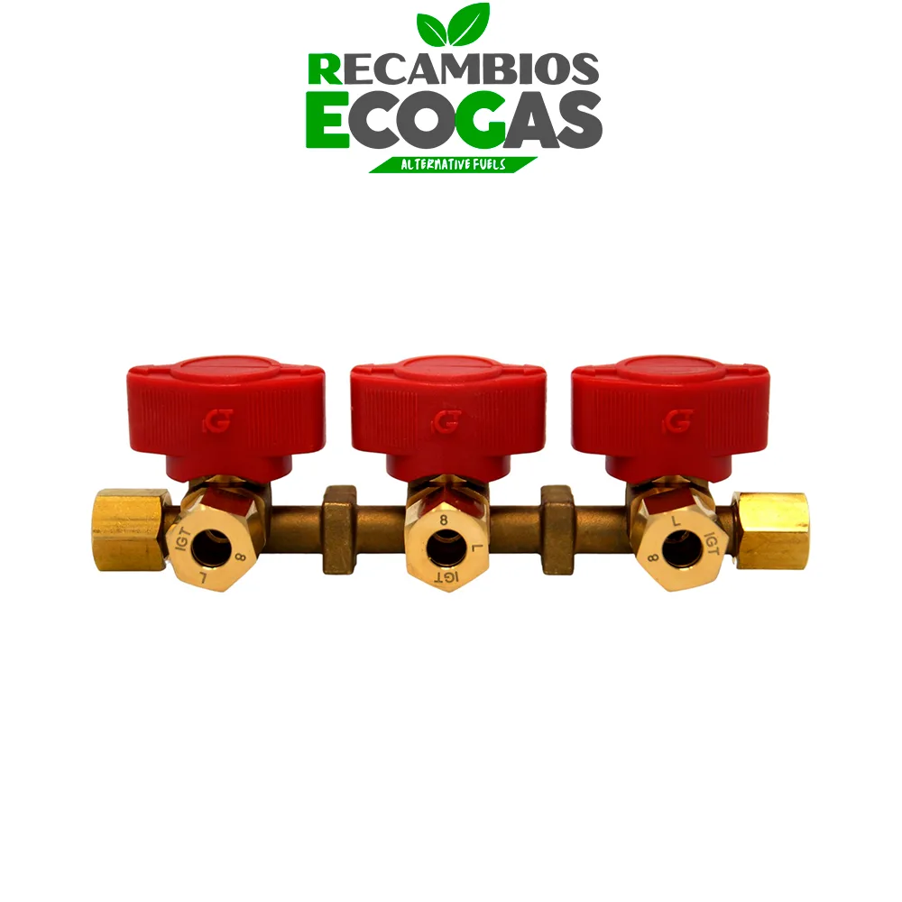 Bloque de distribución GLP (propano/butano) de 3 vías 8 mm salida 8 mm