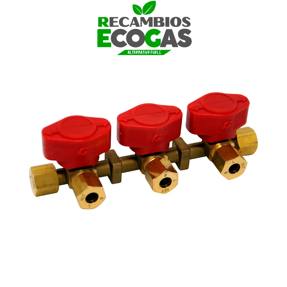 Bloque de distribución GLP (propano/butano) de 3 vías 8 mm salida 8 mm