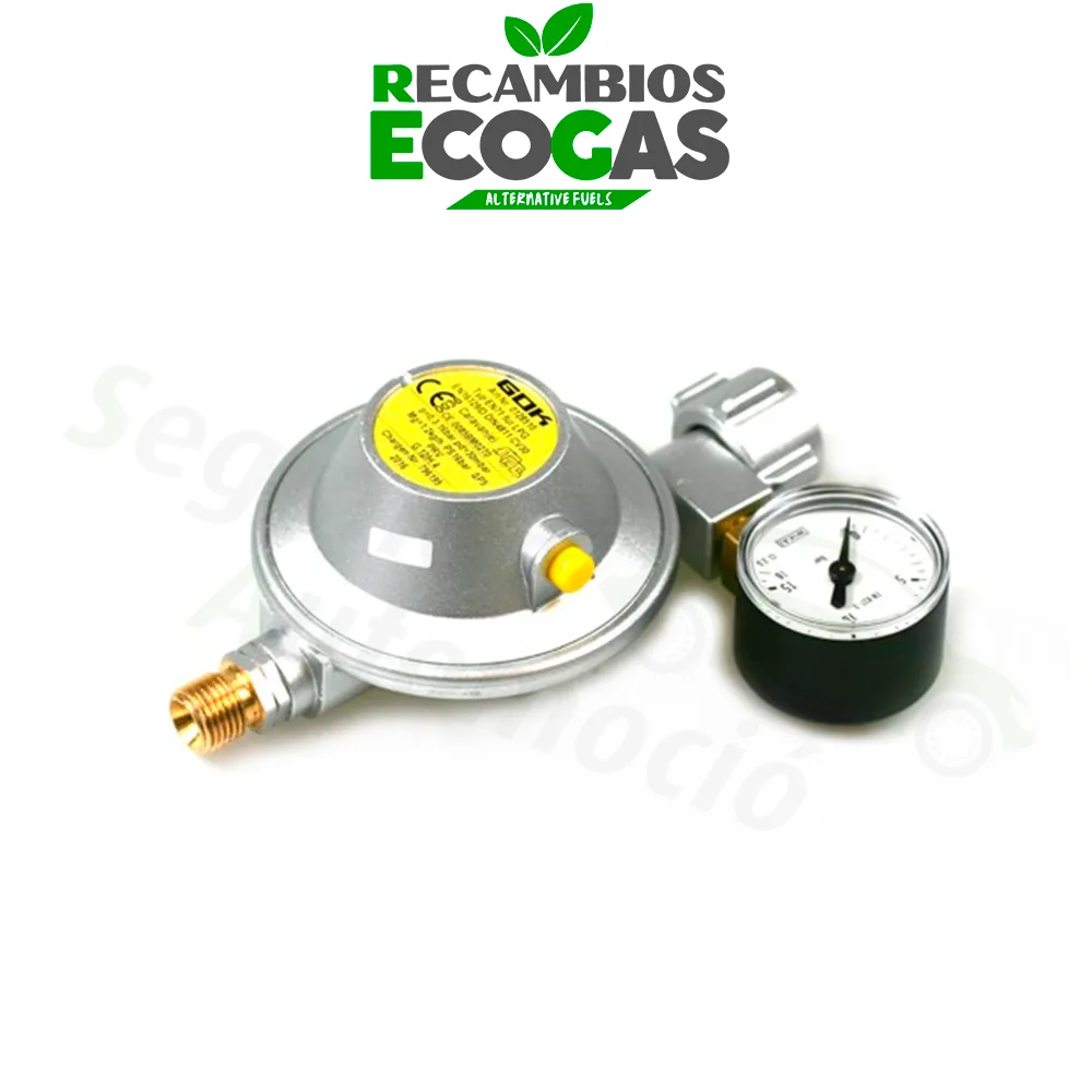 GOK regulador de presión baja 30 mbar 1,2 kg/h - para botellas pequeñas incl. Manómetro