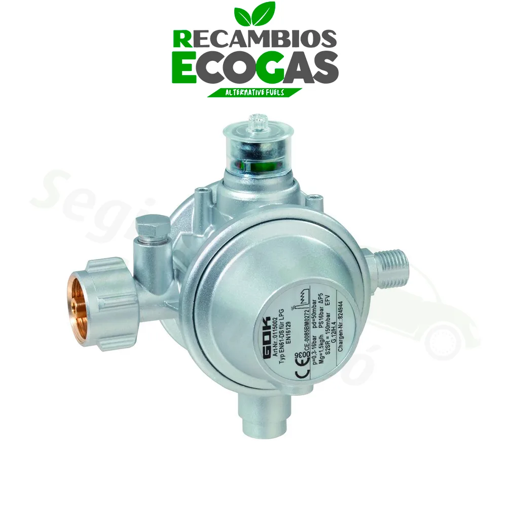 GOK regulador de presión baja EN61-DS 1,5 kg/h 50 mbar incl. protección contra ruptura de manguera
