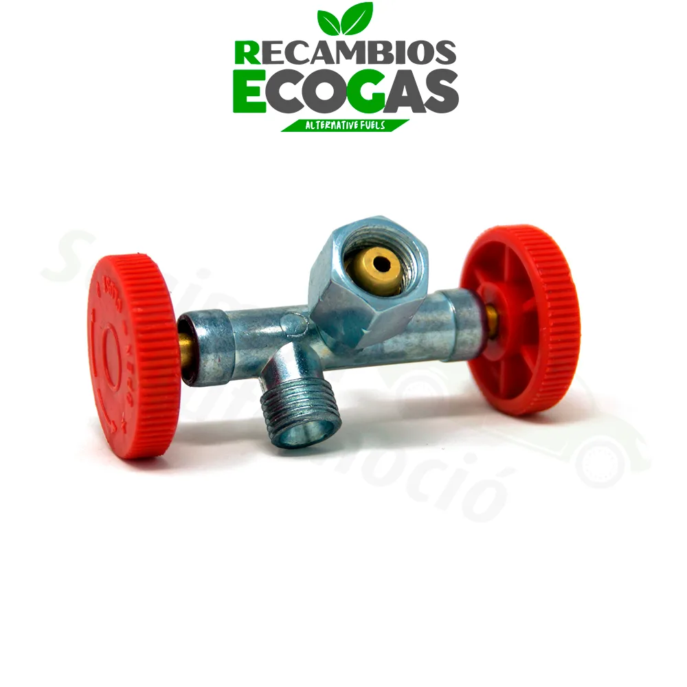 Grifo de gas de dos vías G 1/4 LH-ÜM x 2 x G 1/4 LH-KN