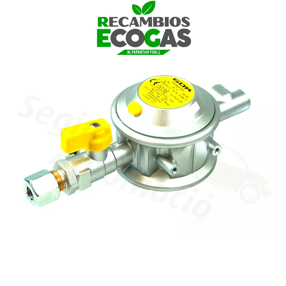 GOK regulador de presión baja 30 mbar 1,5 kg/h 90° 10 mm incl. válvula de ensayo